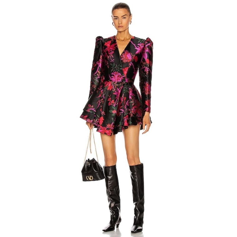 MARKARIAN Etta Black Floral Jacquard Brocade Mini Dress Crossover Button Front 2